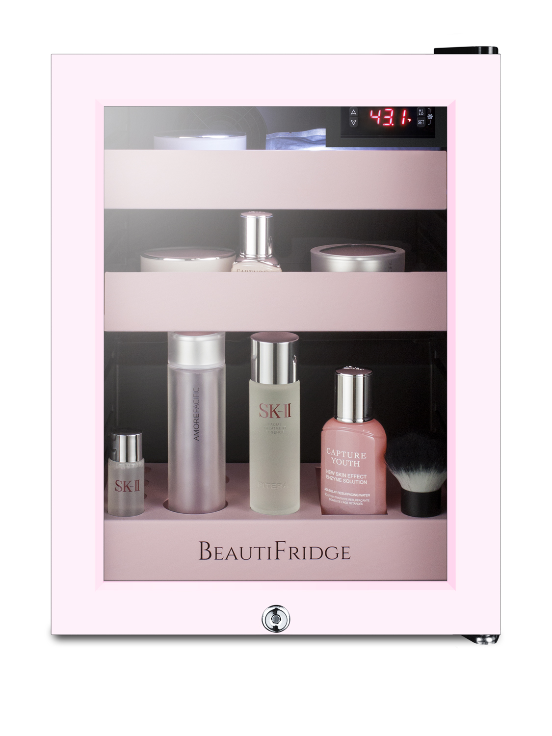 BeautiFridge compact cosmetics cooler with pink trimmed glass door, lock, matte blush pink shelves, and digital controls set for the storage of beauty products